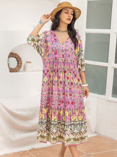 Printed V-Neck Balloon Sleeve Dress [Spirit and Rebel] Carnation Pink S 