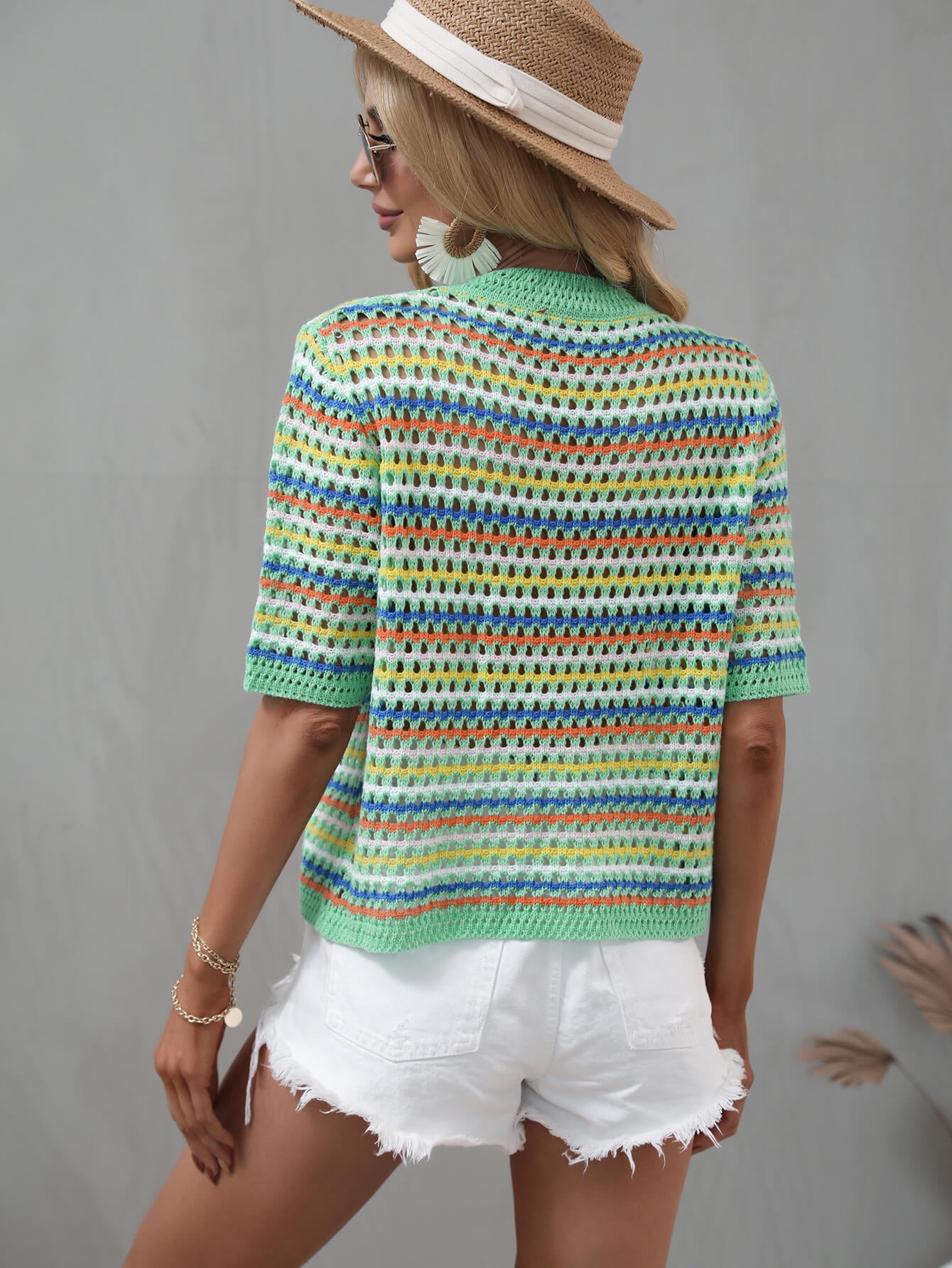 Bohemian Striped Openwork Half Sleeve Knit Top [Spirit and Rebel]   