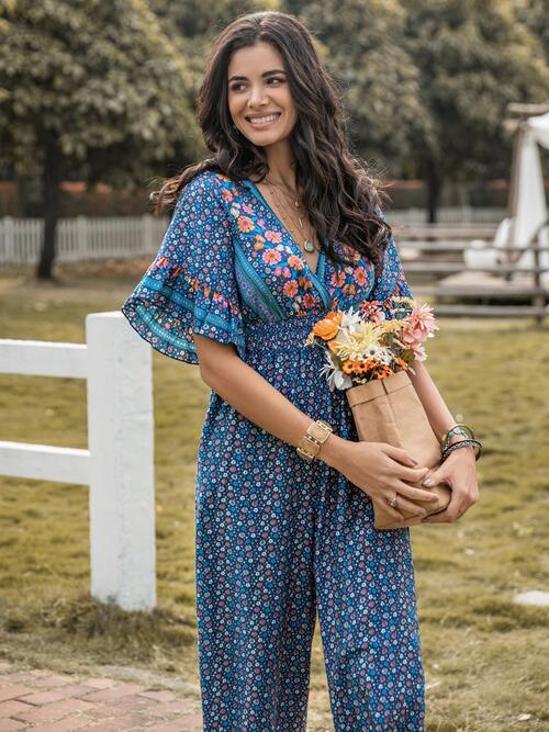 Boho Chic  Floral Surplice Flutter Sleeve Jumpsuit [Spirit and Rebel]   