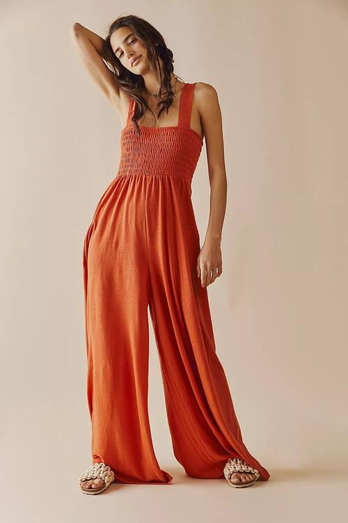 Boho Chic  Smocked Wide Strap Jumpsuit [Spirit and Rebel] Red Orange S 