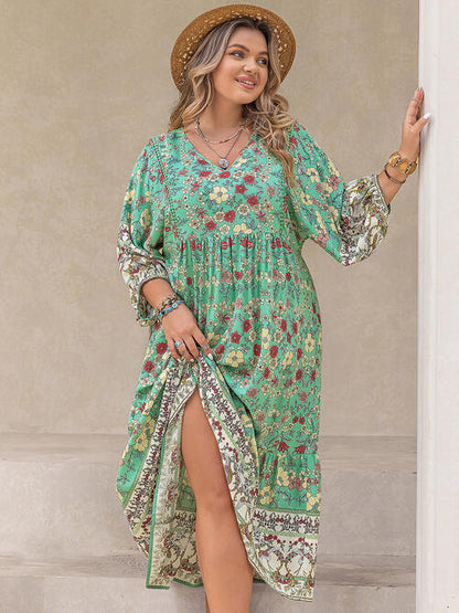 Plus Size Floral V-Neck Balloon Sleeve Midi Dress [Spirit and Rebel]   