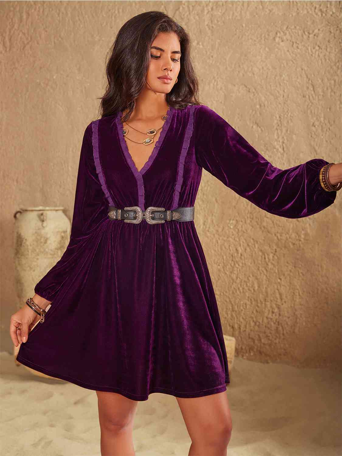 Ruffled V-Neck Long Sleeve Dress [Spirit and Rebel]   