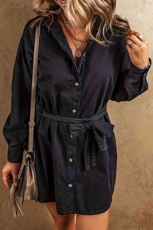 Button Up Collared Neck Denim Dress [Spirit and Rebel] Black S 