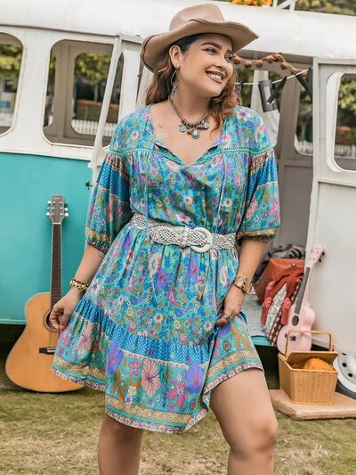 Boho Plus Size Printed Tie Neck Mini Dress [Spirit and Rebel]   