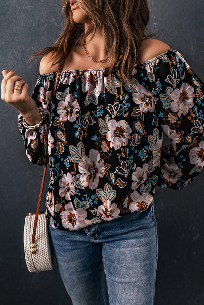 Floral Off-Shoulder Balloon Sleeve Hippie Clothes Blouse [Spirit and Rebel]   