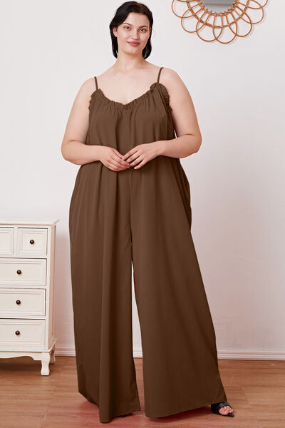 Full Size Ruffle Trim Tie Back Cami Jumpsuit with Pockets [Spirit and Rebel]   