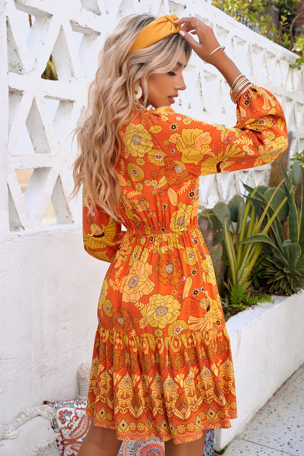 Boho Floral Drawstring Waist Puff Sleeve Dress [Spirit and Rebel]   