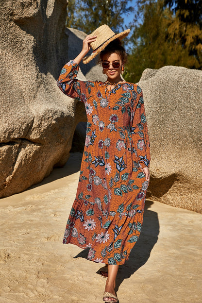 Printed Tie Neck Long Sleeve Dress [Spirit and Rebel]   