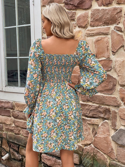 Boho Style Floral Smocked Flounce Sleeve Square Neck Dress [Spirit and Rebel]   