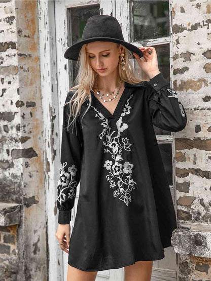 Floral Collared Neck Long Sleeve Dress [Spirit and Rebel]   