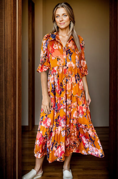 Boho Printed Half Button Collared Neck Tiered Dress [Spirit and Rebel] Orange S 