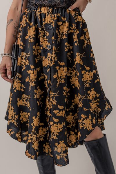 Boho Chic  Floral Buttoned Ruffle Hem Skirt [Spirit and Rebel]   