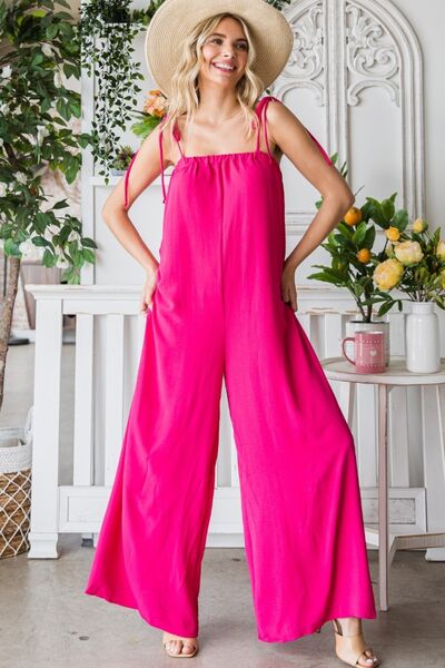 Veveret Pocketed Spaghetti Strap Wide Leg Jumpsuit [Spirit and Rebel] FUCHSIA S 