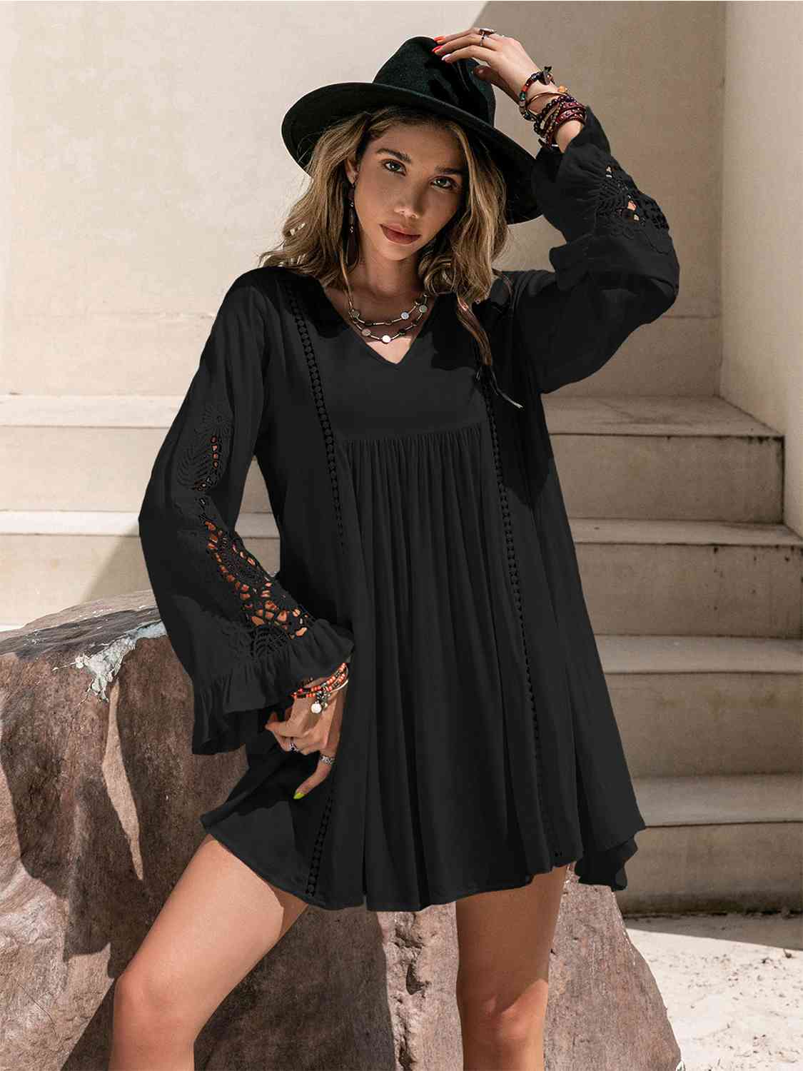 Lace Detail V-Neck Mini Dress [Spirit and Rebel] Black S 