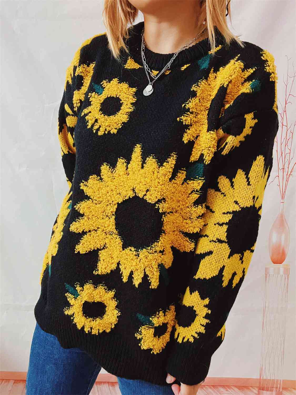 Sunflower Dropped Shoulder Long Sleeve Sweater [Spirit and Rebel] Black S 