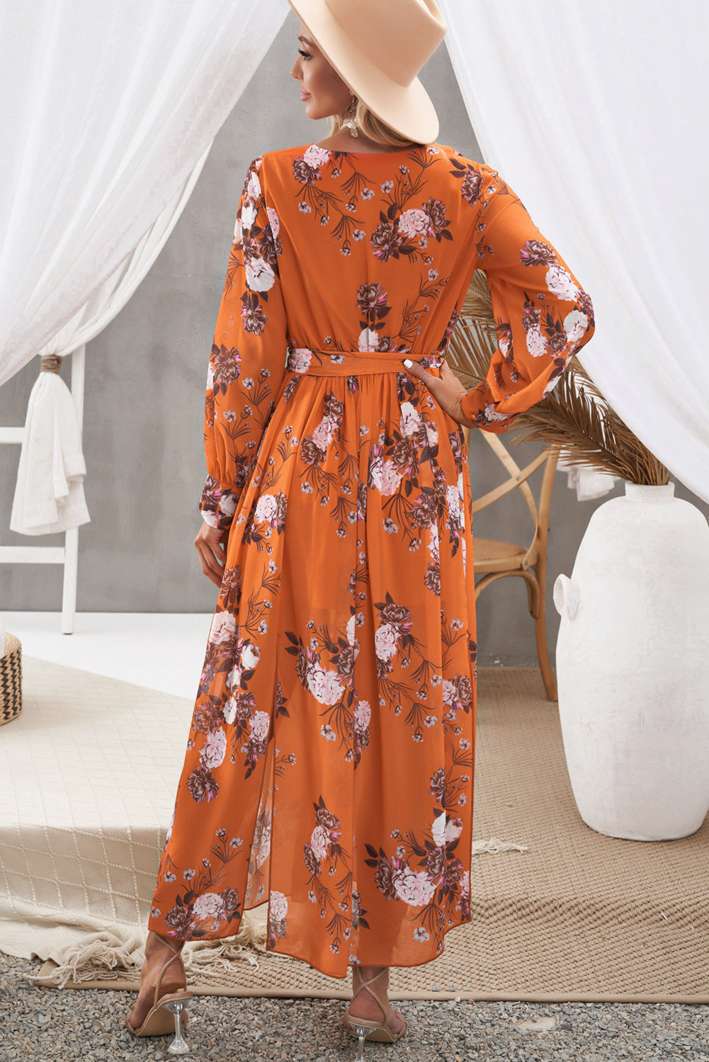 Boho Floral Tie Waist Slit Maxi Dress [Spirit and Rebel]   