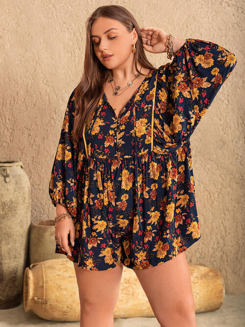 Plus Size Floral Tie Neck Balloon Sleeve Romper [Spirit and Rebel]   