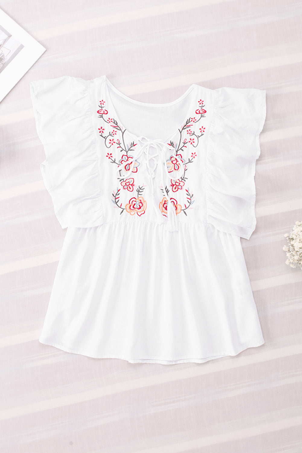 Embroidered Tie Neck Cap Sleeve Blouse [Spirit and Rebel]   