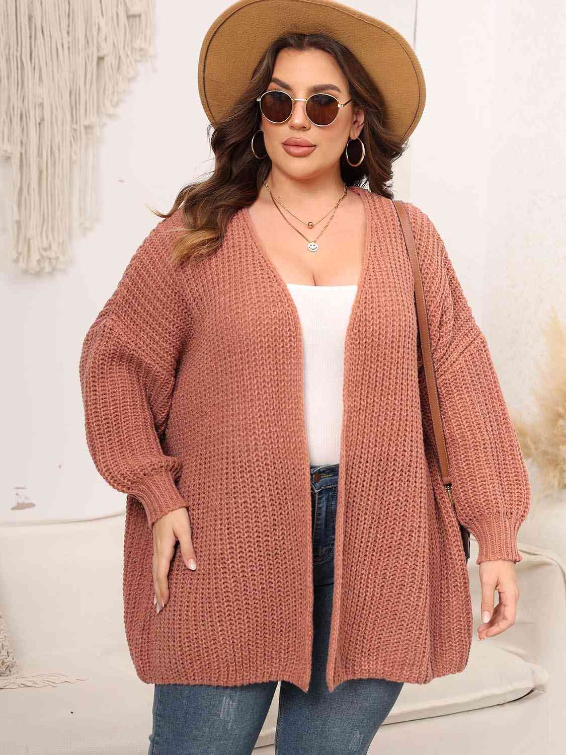 Plus Size Open Front Dropped Shoulder Knit Cardigan [Spirit and Rebel] Coral 1XL 