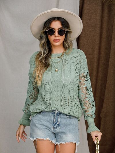 Eyelet Crochet Lantern Sleeve Sweater [Spirit and Rebel] Gum Leaf S 