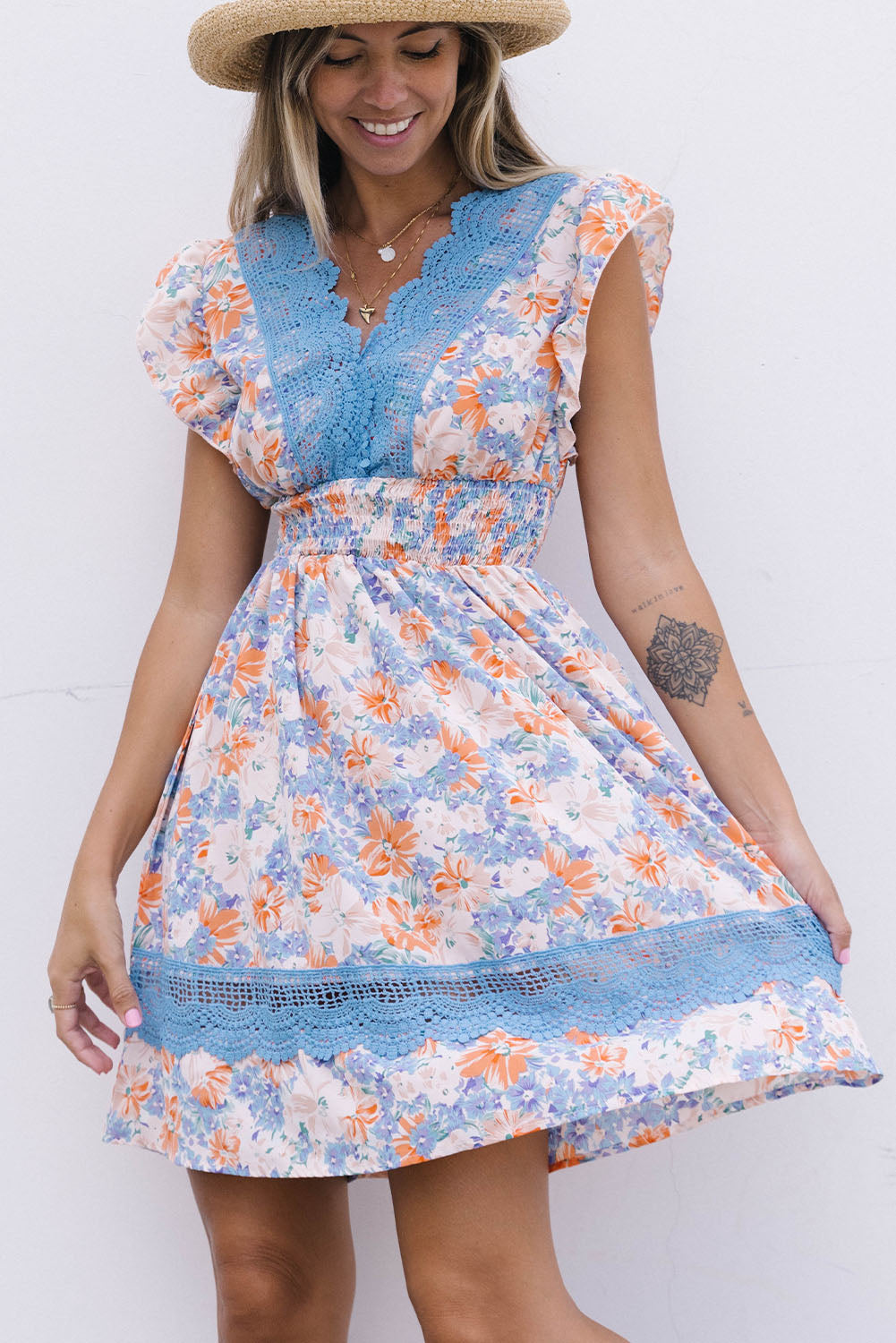 Floral Smocked Waist Spliced Lace Dress [Spirit and Rebel]   