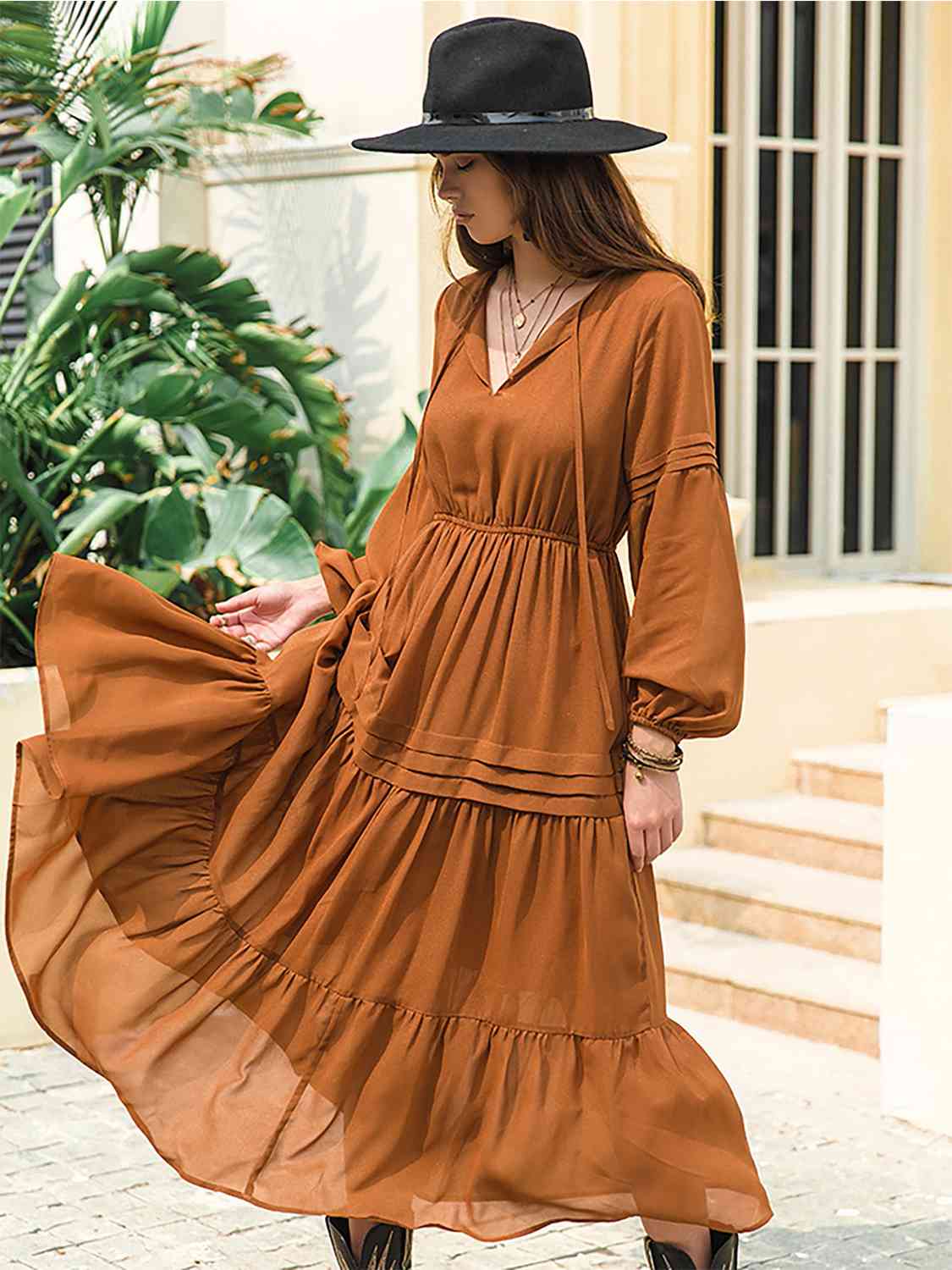 Tie Neck Long Sleeve Midi Tiered Dress [Spirit and Rebel]   