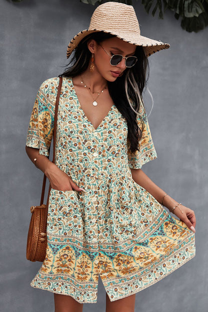 Bohemian V-Neck Half Sleeve Dress [Spirit and Rebel] Banana Yellow S 