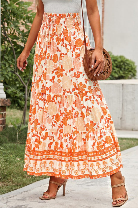 Boho Floral Smocked Tiered Maxi Skirt [Spirit and Rebel] Orange S 