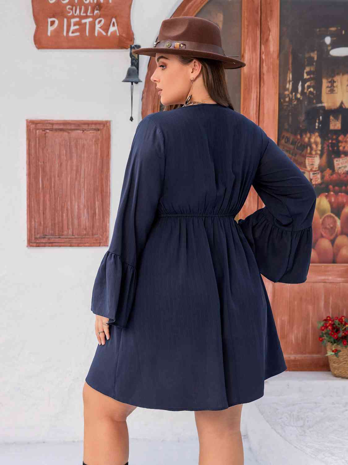 Plus Size Tie Front V-Neck Flare Sleeve Dress [Spirit and Rebel]   