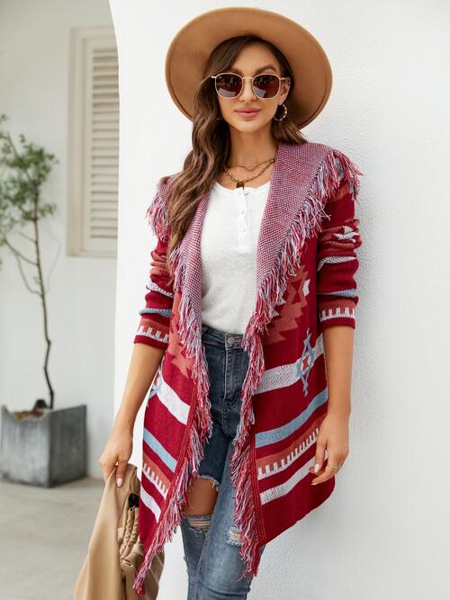 Boho Chic  Fringe Geometric Hooded Long Sleeve Cardigan [Spirit and Rebel]   