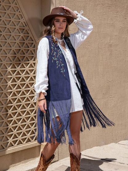 Boho Chic  Fringe Hem Open Front Vest [Spirit and Rebel] Navy S 