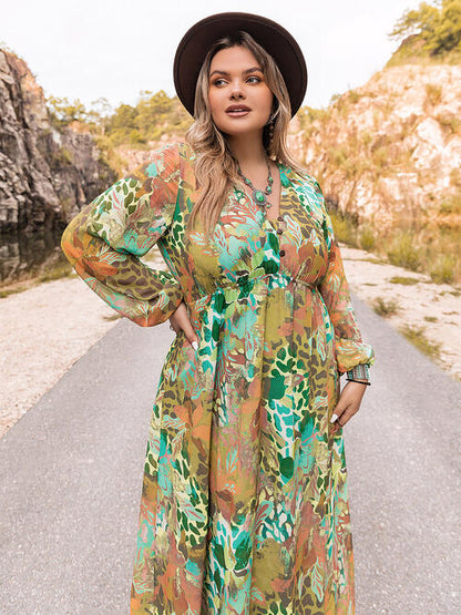 Boho Chic  Plus Size Floral V-Neck Long Sleeve Dress [Spirit and Rebel]   