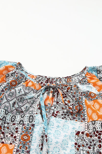 Printed Tie Neck Curved Hem Top [Spirit and Rebel]   