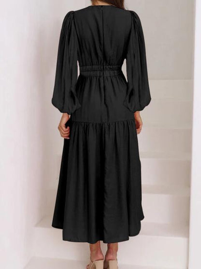 Deep V-Neck Balloon Sleeve Plain Maxi Dress [Spirit and Rebel]   