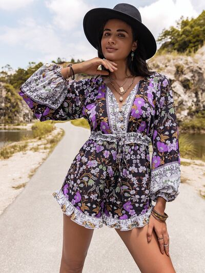 Printed Frill Half Button Balloon Sleeve Romper [Spirit and Rebel]   