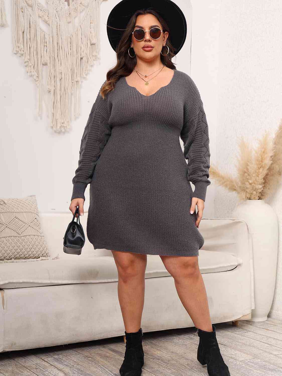 Plus Size Dropped Shoulder Long Sleeve Knit Mini Dress [Spirit and Rebel]   