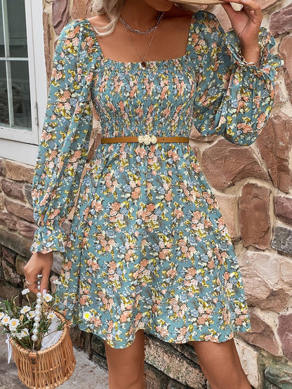 Boho Style Floral Smocked Flounce Sleeve Square Neck Dress [Spirit and Rebel]   