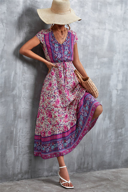 V-Neck Short Sleeve Printed Maxi Dress [Spirit and Rebel]   