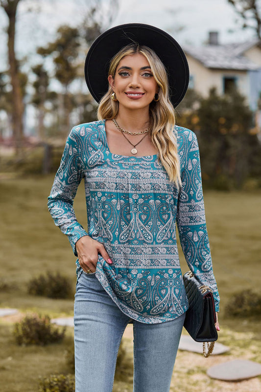 Printed Square Neck Long Sleeve Blouse [Spirit and Rebel] Turquoise S 