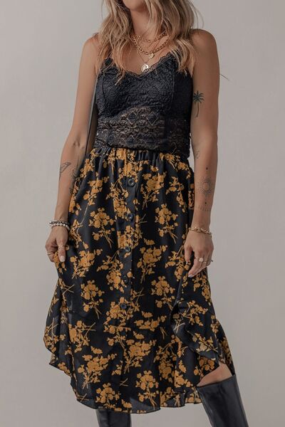 Boho Chic  Floral Buttoned Ruffle Hem Skirt [Spirit and Rebel]   