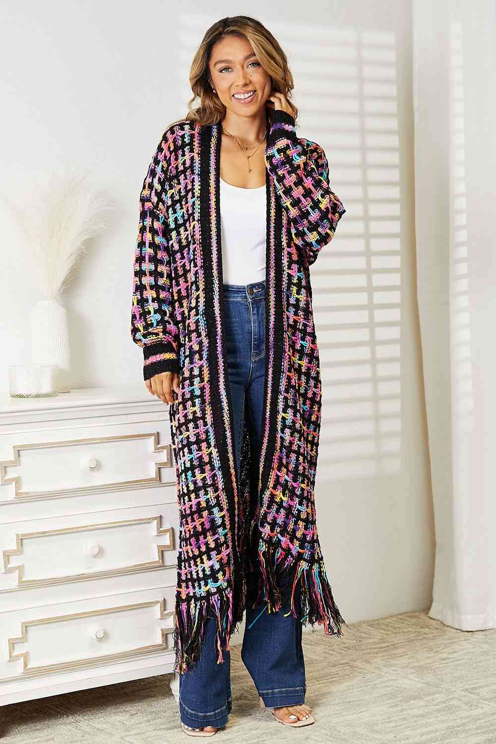 Double Take Full Size Multicolored Open Front Fringe Hem Cardigan [Spirit and Rebel]   