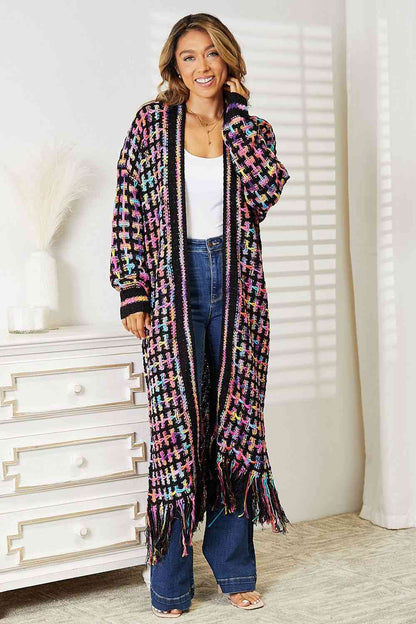 Double Take Full Size Multicolored Open Front Fringe Hem Cardigan [Spirit and Rebel]   