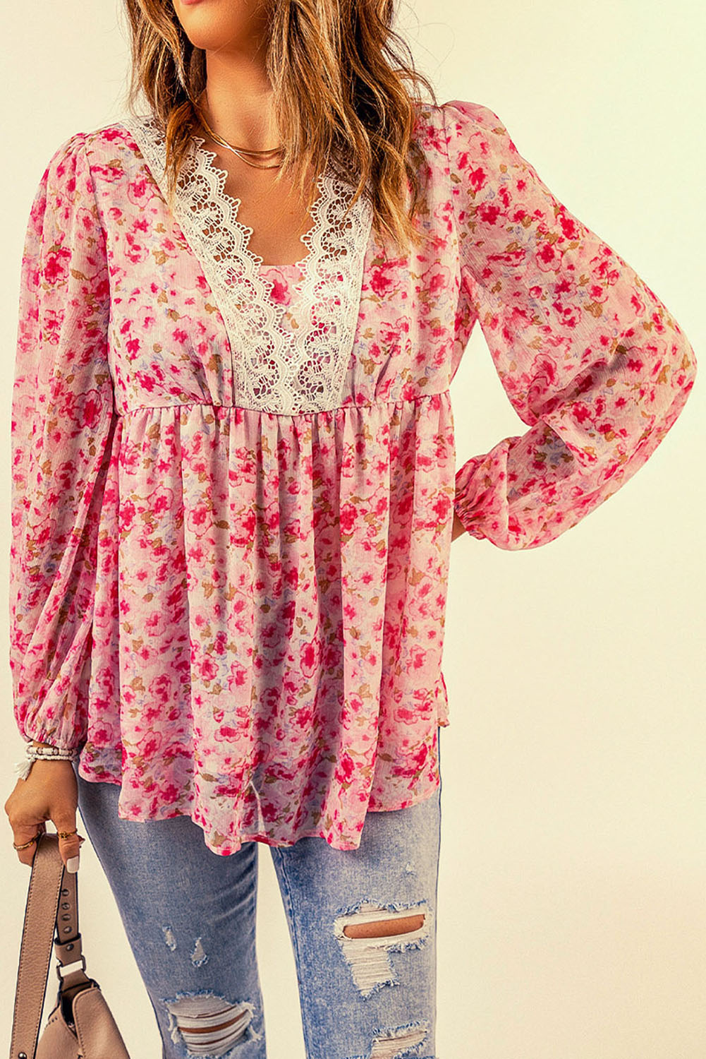 Floral Lace Trim Balloon Sleeve Boho Blouse [Spirit and Rebel]   