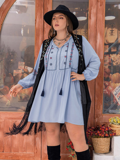 Plus Size Tie Neck Tassel Detail Long Sleeve Mini Dress [Spirit and Rebel] Misty  Blue 0XL 