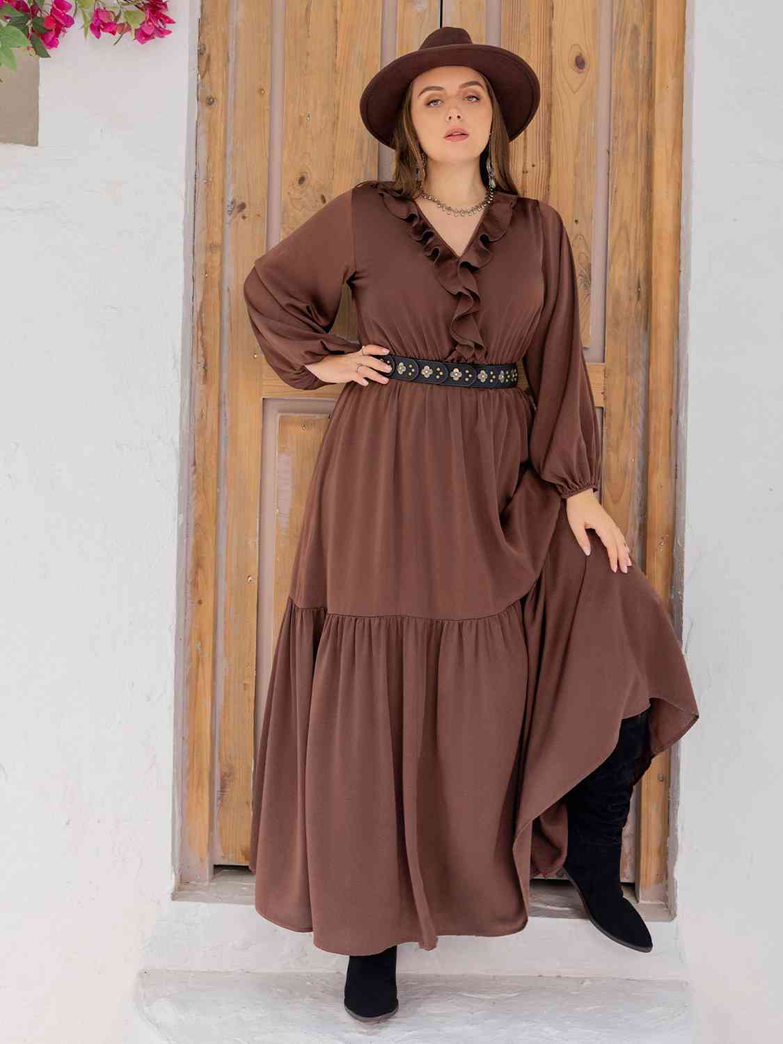 Plus Size V-Neck Ruffle Trim Maxi Dress [Spirit and Rebel]   