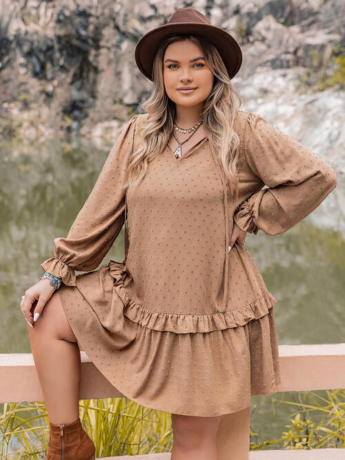 Plus Size Dot Flounce Sleeve Mini Dress [Spirit and Rebel] Tan 0XL 