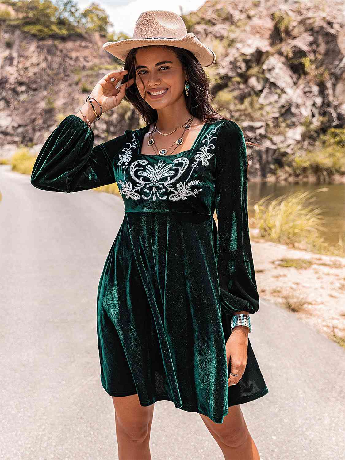 Embroidered Square Neck Long Sleeve Dress [Spirit and Rebel]   