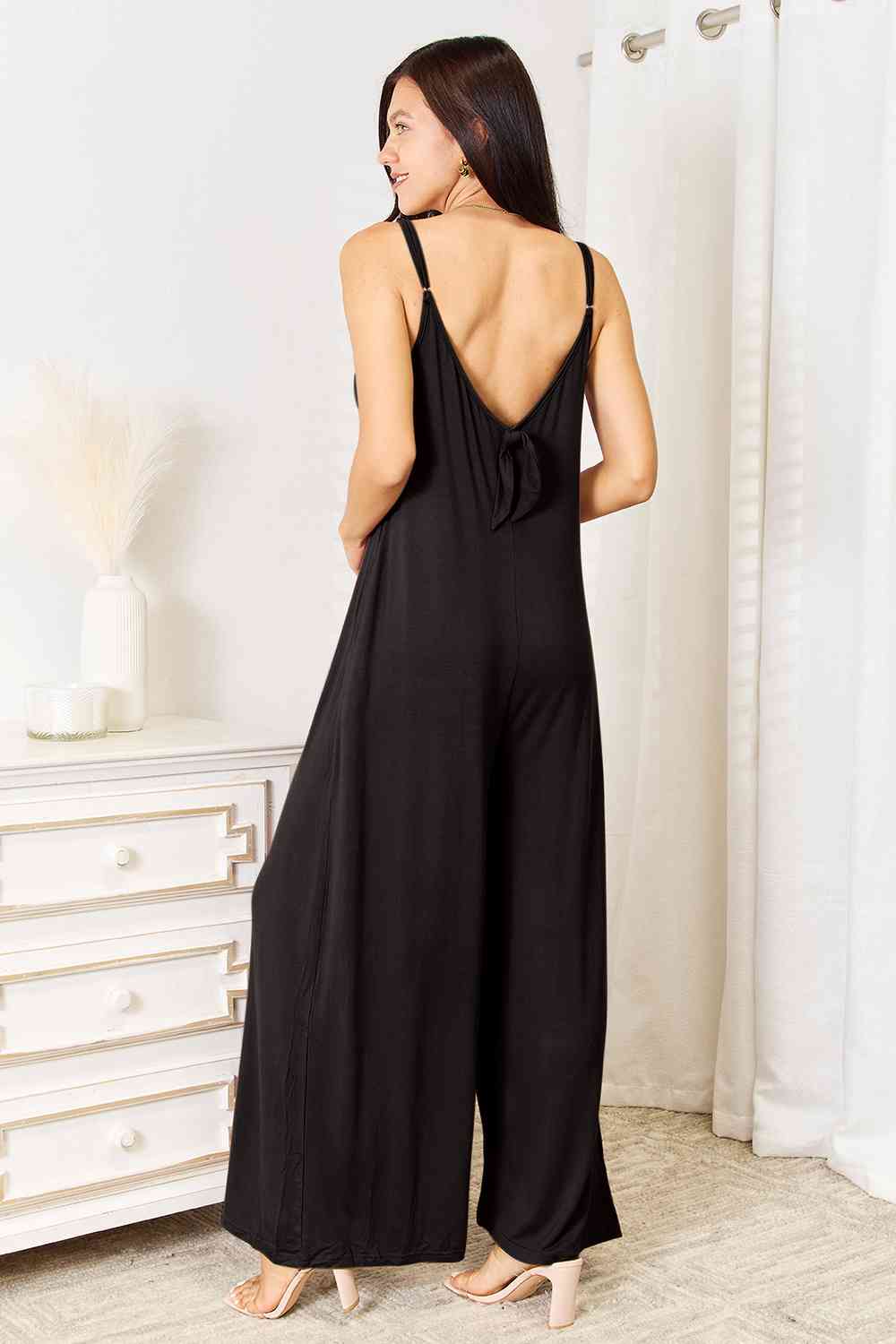 Double Take Full Size Soft Rayon Spaghetti Strap Tied Wide Leg Jumpsuit [Spirit and Rebel]   