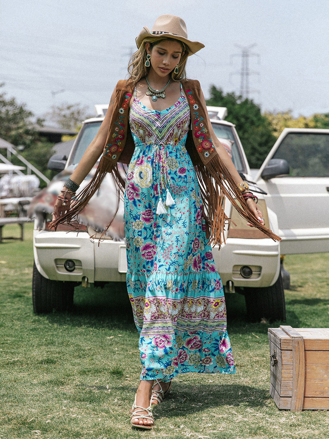 Printed Scoop Neck Sleeveless Maxi Dress [Spirit and Rebel]   