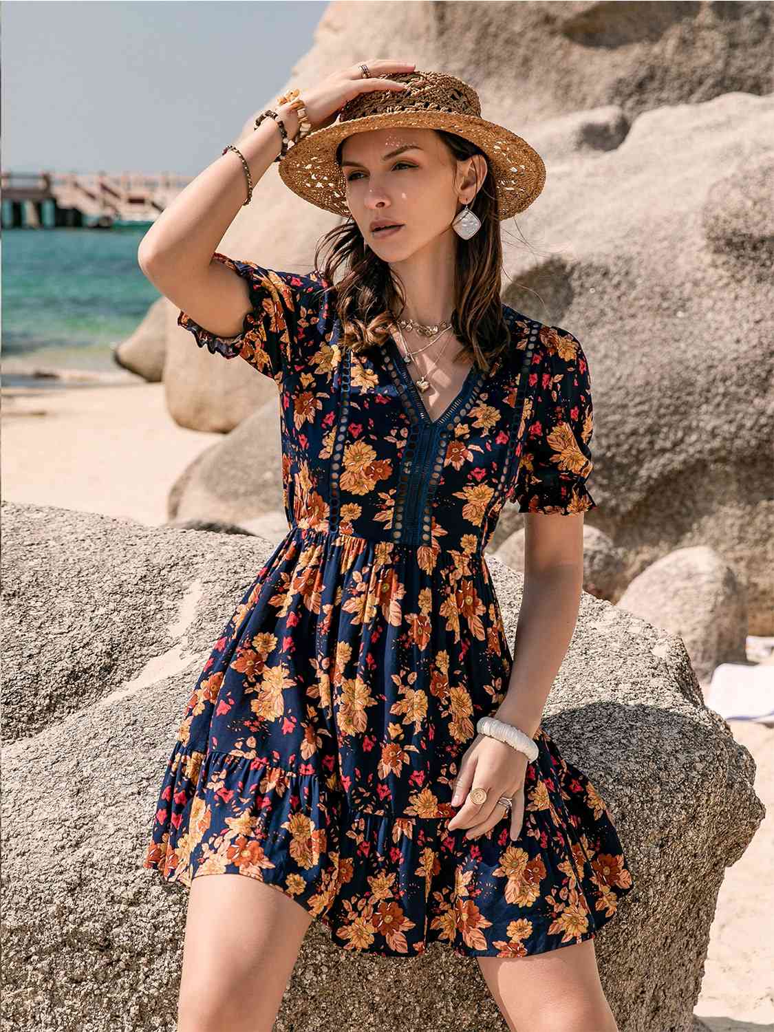 Foral V-Neck Flounce Sleeve Ruffle Hem Dress [Spirit and Rebel] Floral S 